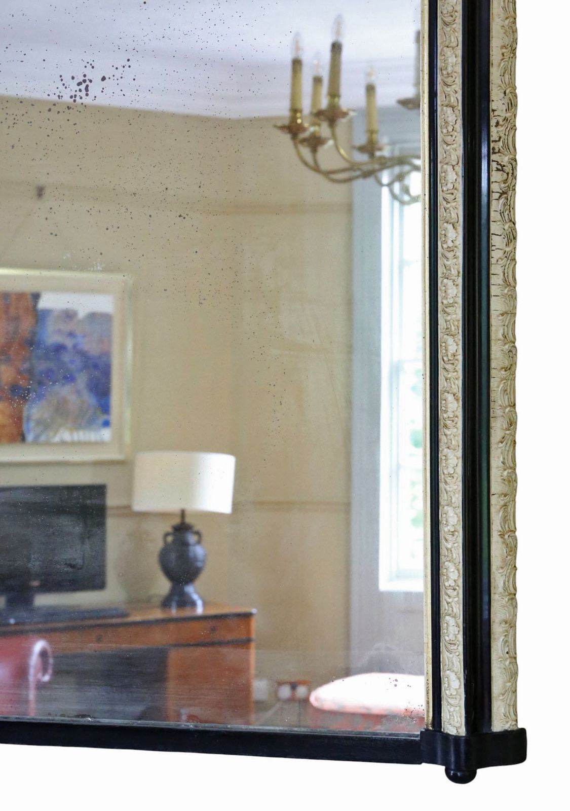 Antique 19th Century Black Ebonised And Cream Overmantel Wall Mirror – Ornate Frame photo 2995.0