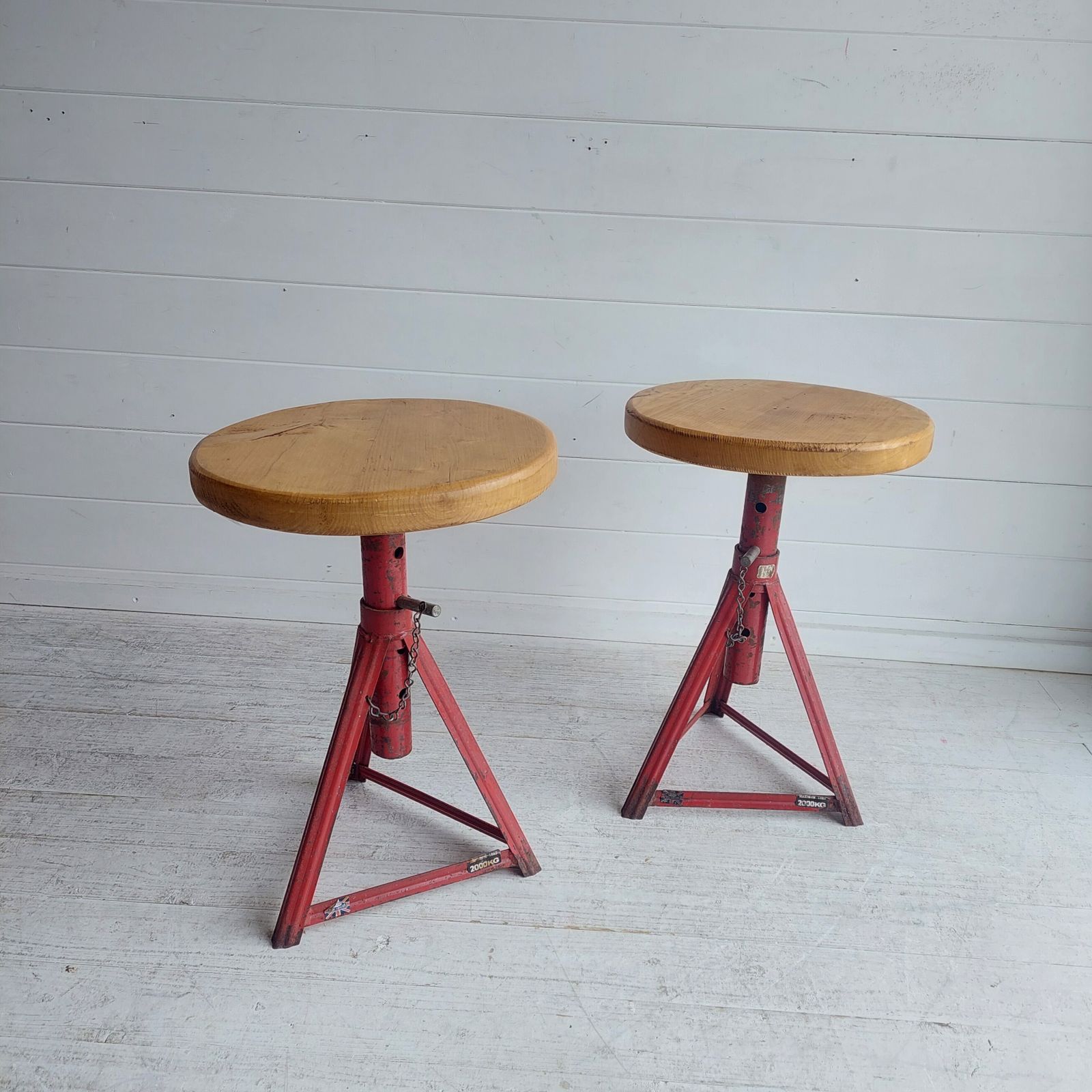 Mid Century Industrial Adjustable Stools Red Metal And Wood 1960s Set Of 2 photo vintage