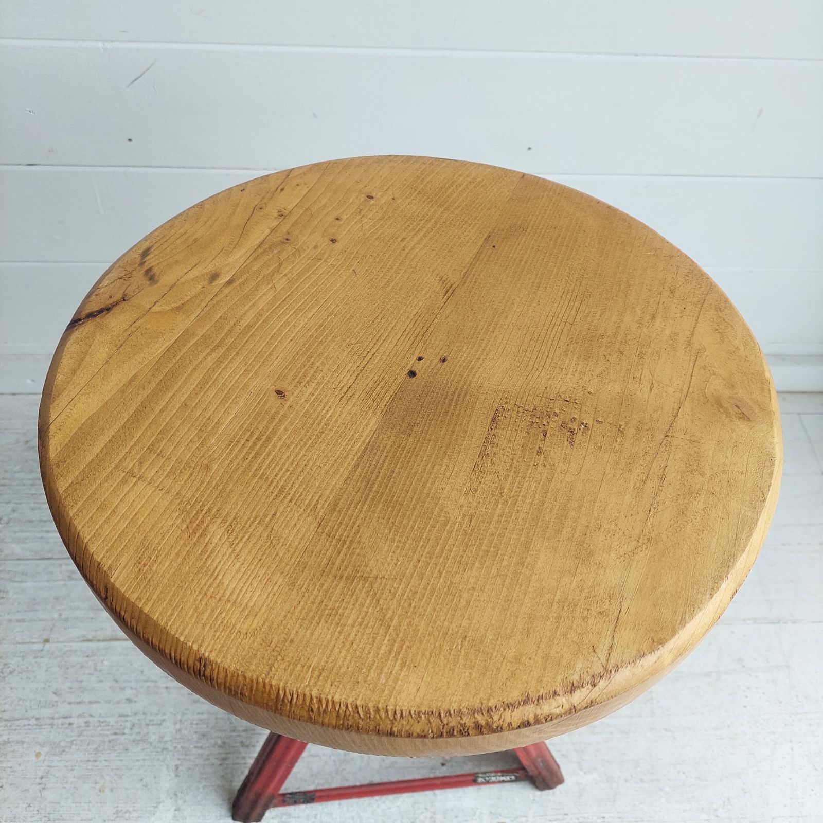 300.0 Mid Century Industrial Adjustable Stools Red Metal And Wood 1960s Set Of 2 photo