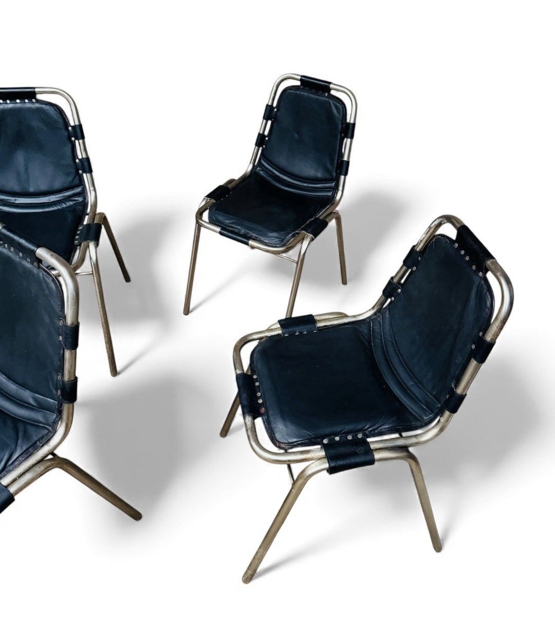 Set Of Four Les Arcs Steel And Leather Dining Chairs Charlotte Perriand Style photo for sale