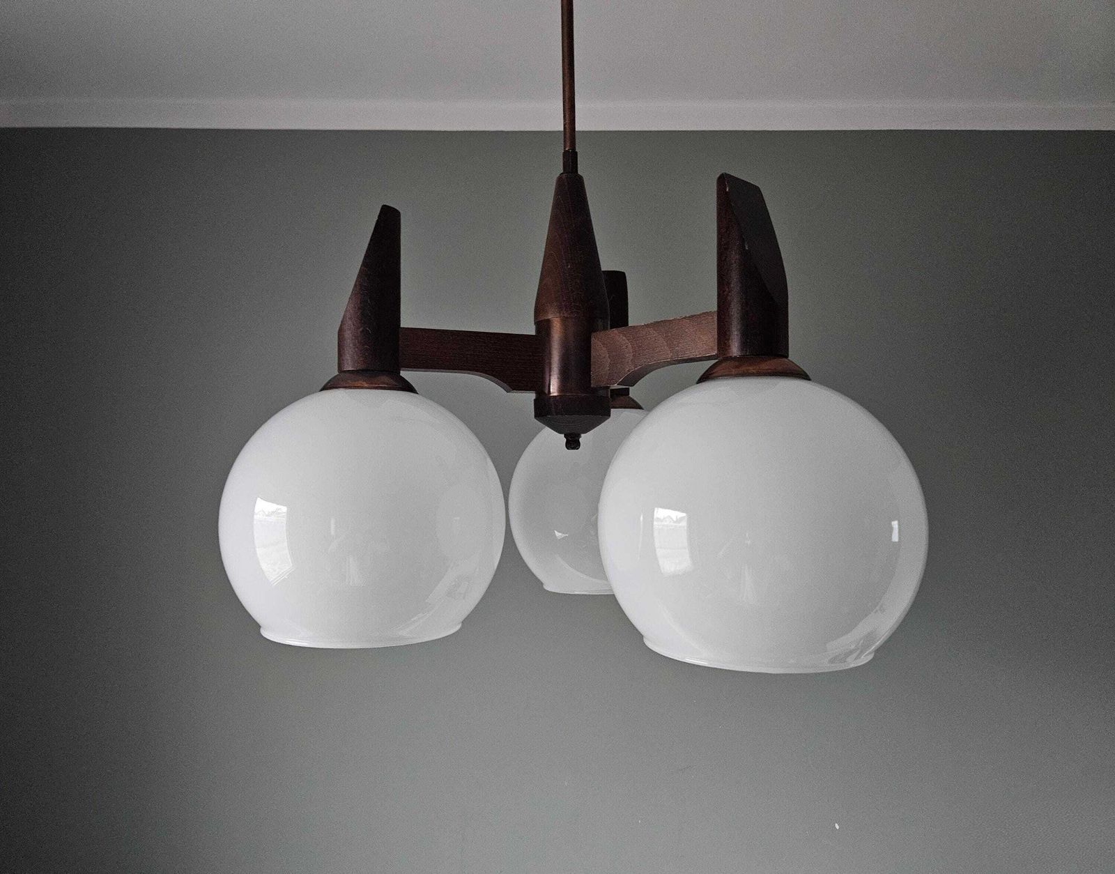 1 Of 2 / Vintage 3 Globe Wooden Chandelier And Glass Shades, Mid Century Modern
