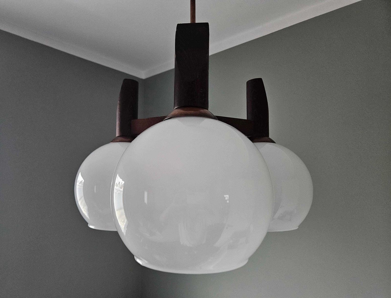 Lighting 1 Of 2 / Vintage 3 Globe Wooden Chandelier And Glass Shades, Mid Century Modern photo