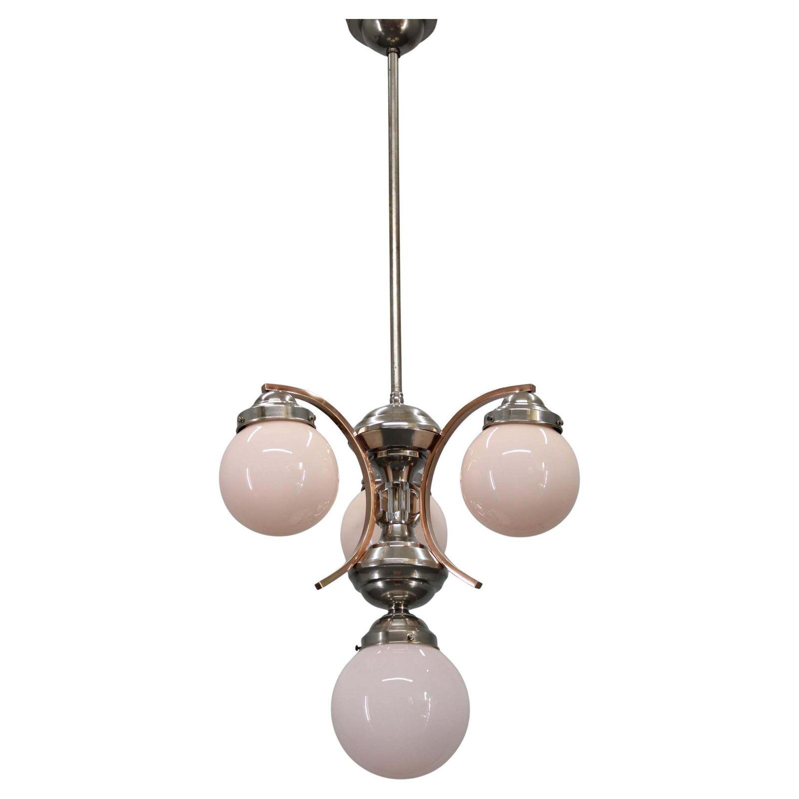 1930s Czechoslovak Art Deco Nickel Chandelier With Rose Opaline Glass Globes