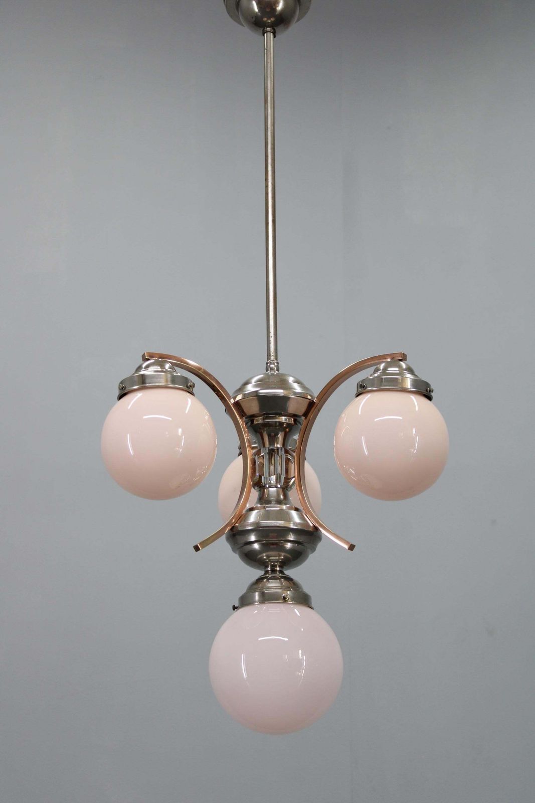 1930s Czechoslovak Art Deco Nickel Chandelier With Rose Opaline Glass Globes photo furniture