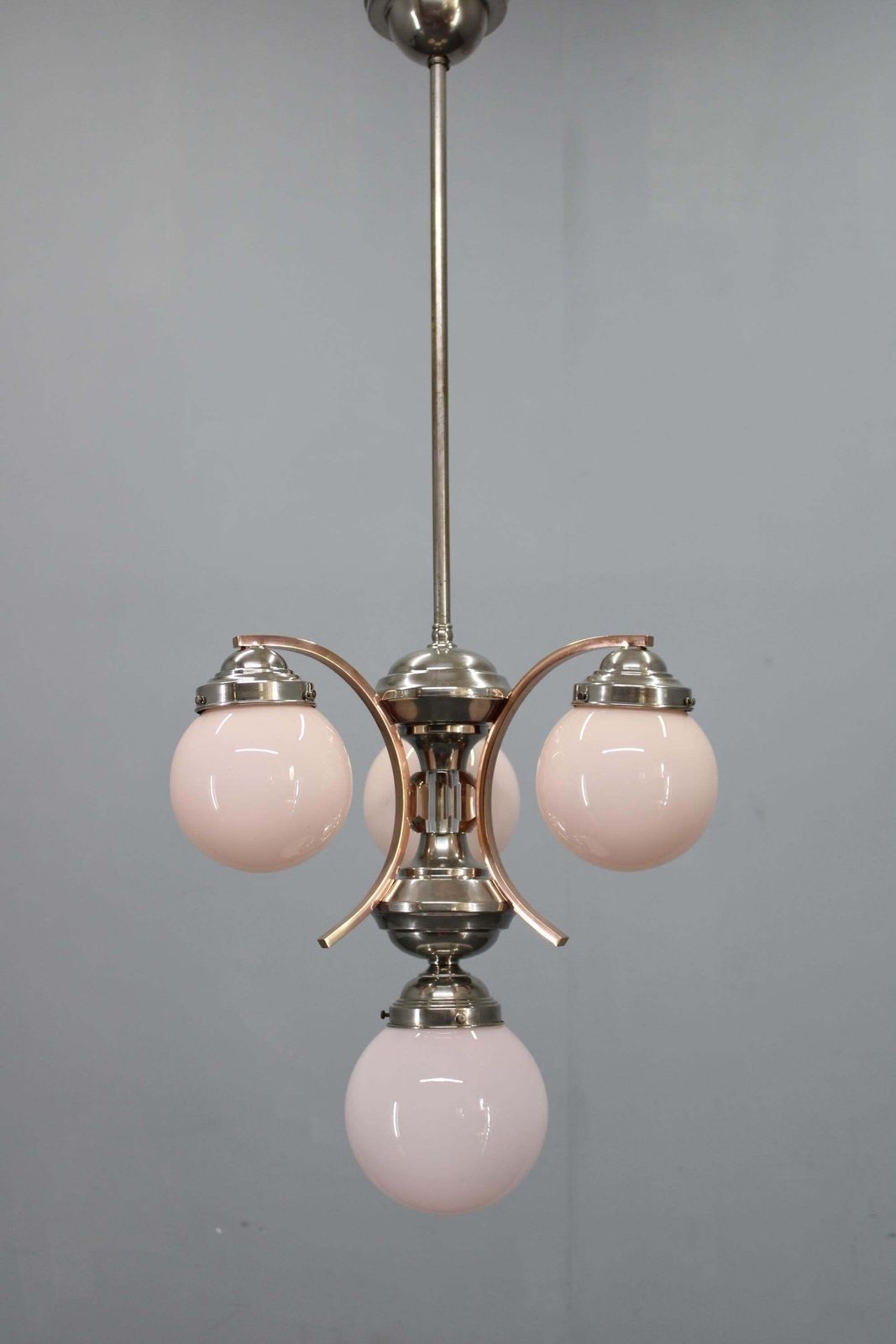 1930s Czechoslovak Art Deco Nickel Chandelier With Rose Opaline Glass Globes photo for sale