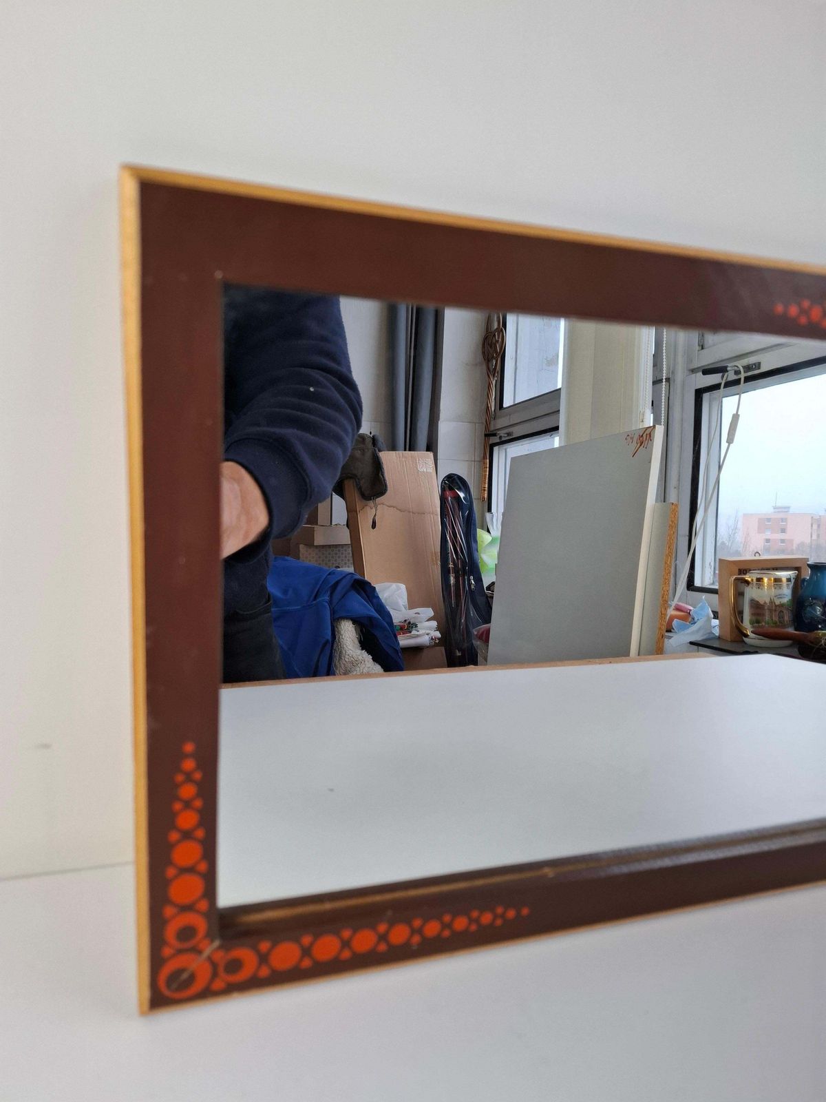 1960s Czechoslovak Mid Century Wooden Mirror With Graphic Frame Detail photo Home Decor