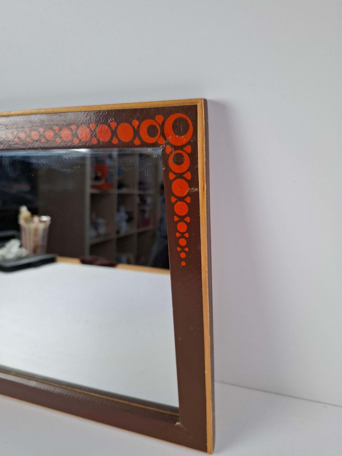 1960s Czechoslovak Mid Century Wooden Mirror With Graphic Frame Detail photo 373.0