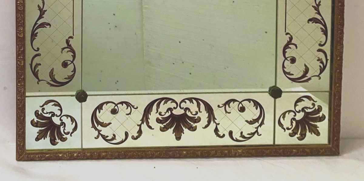 Decorated Mirror In Glomized Glass Circa 1950 Gilded Wooden Frame 20th Century photo vintage