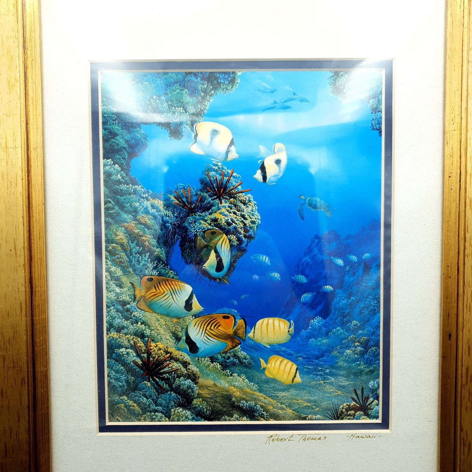 Robert Thomas Print Turtle & Ocean Reef Scene Hawaii Distressed Gold Tone Frame photo furniture