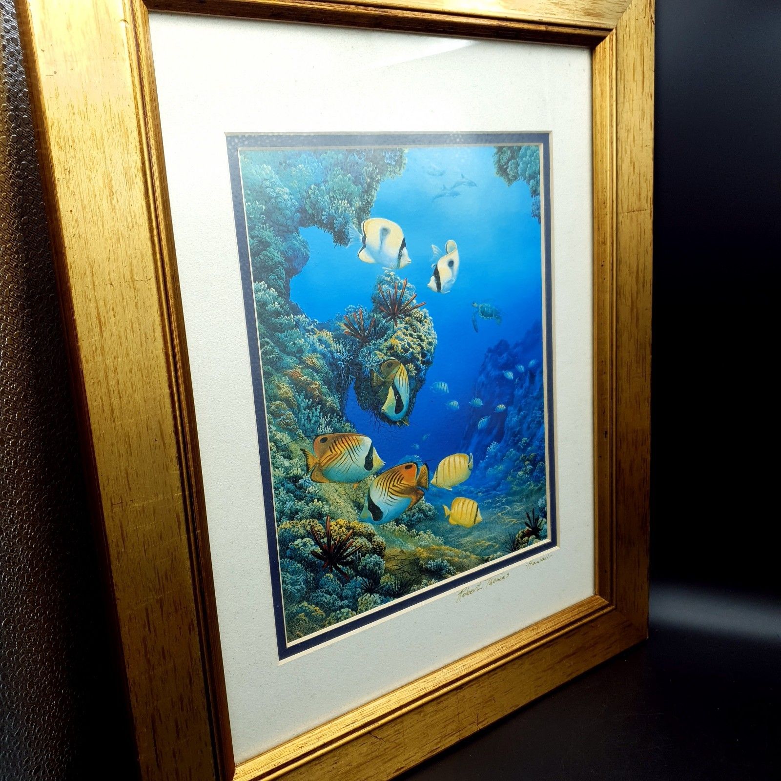 Art Robert Thomas Print Turtle & Ocean Reef Scene Hawaii Distressed Gold Tone Frame photo