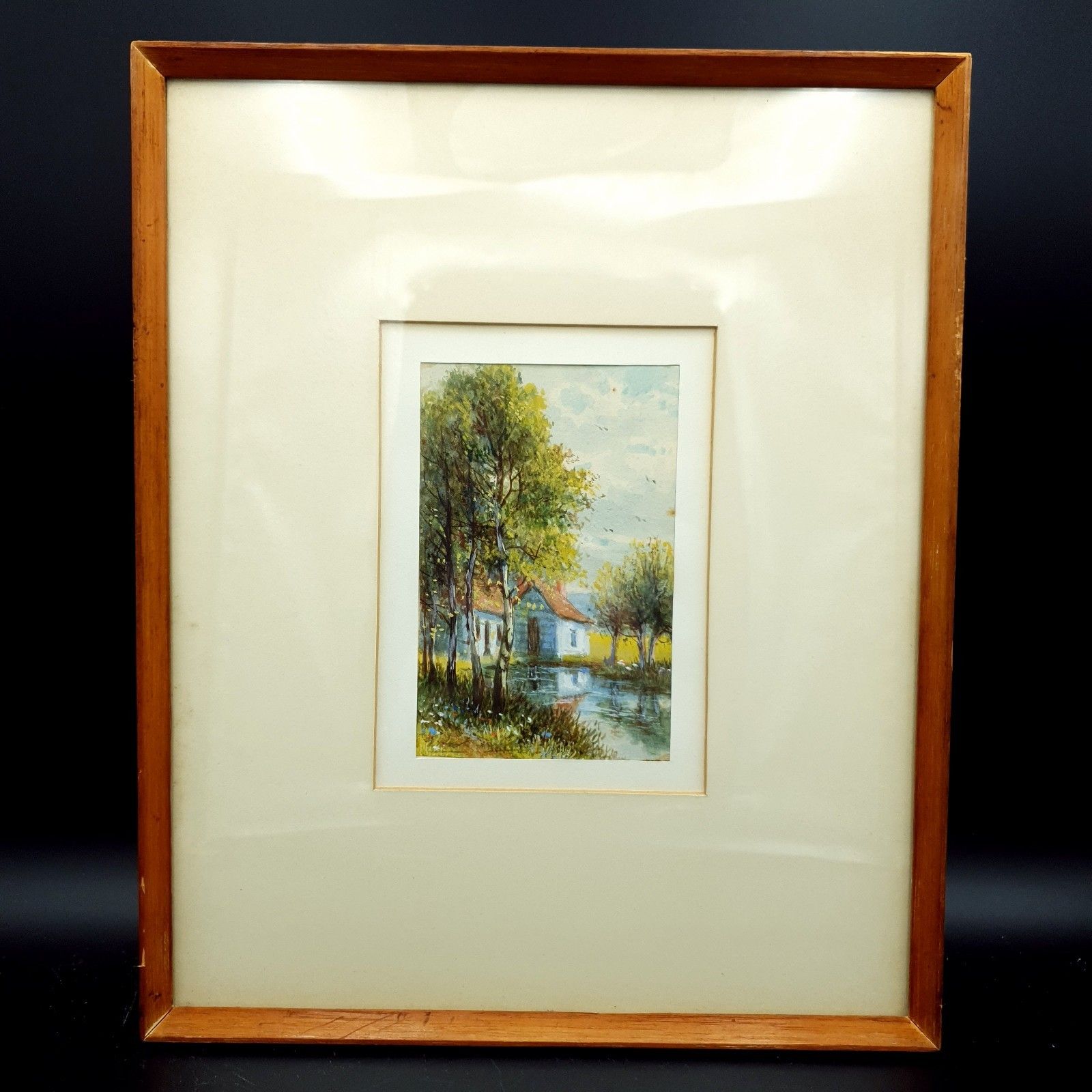 Watercolour Signed 'After Hulk' Tranquil Cottages & River Framed H32.5x26.5cm