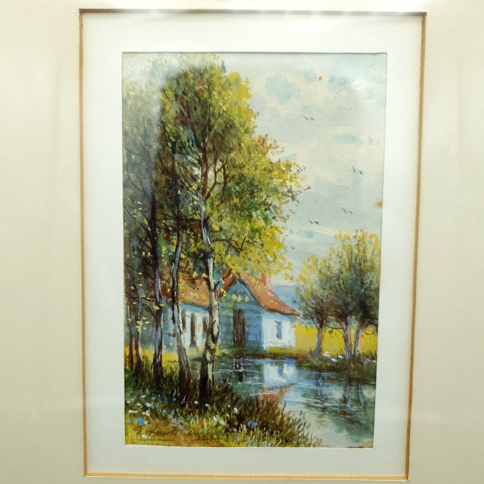 Watercolour Signed 'After Hulk' Tranquil Cottages & River Framed H32.5x26.5cm photo for sale