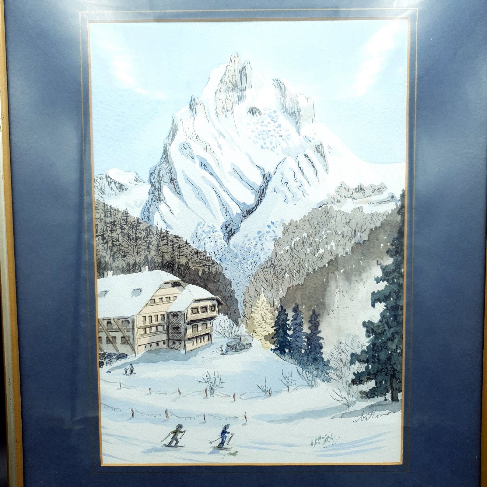 Signed Watercolour A Thomas? Alpine Mountain Skiing Scene Framed H40.5cmxl31cm photo furniture