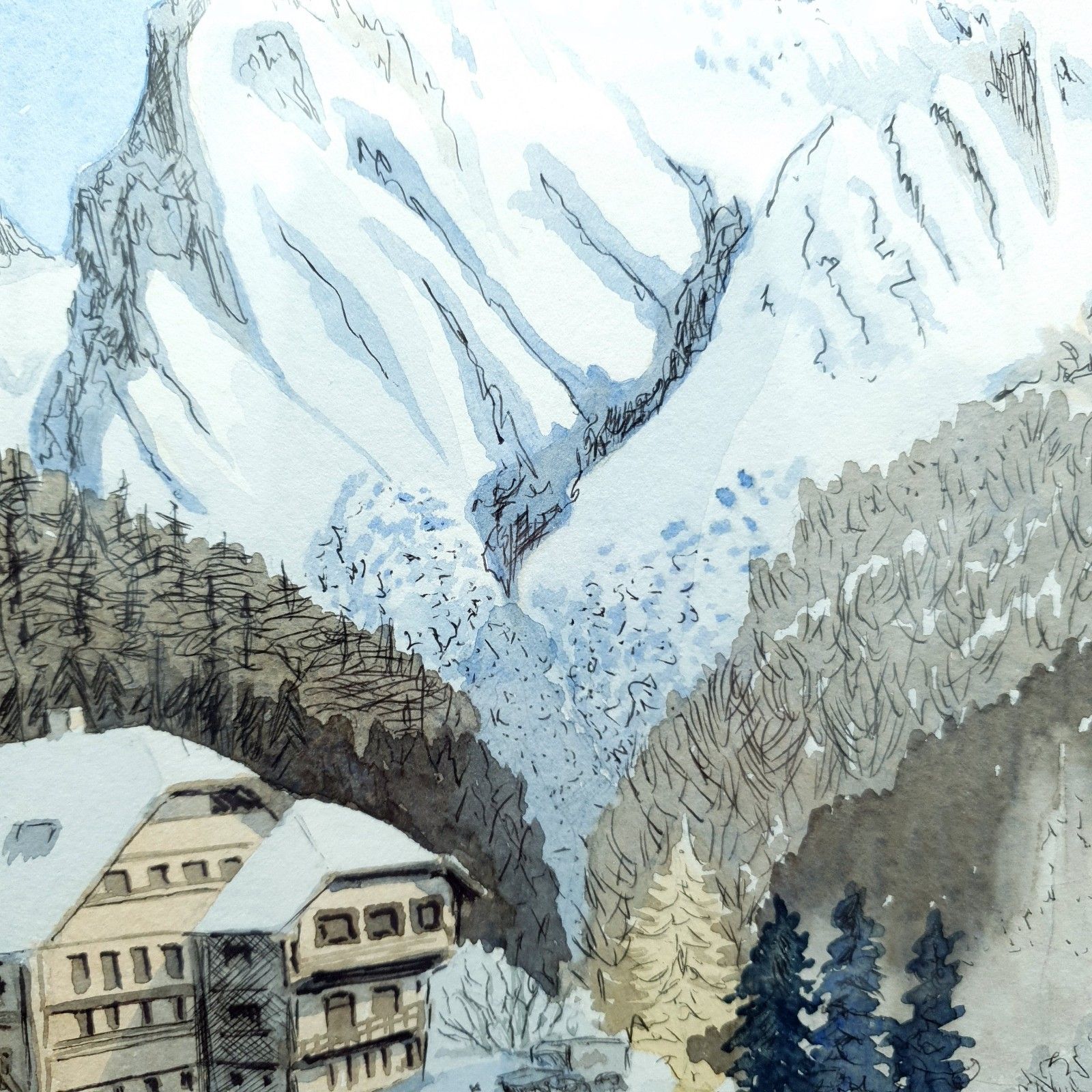 Signed Watercolour A Thomas? Alpine Mountain Skiing Scene Framed H40.5cmxl31cm photo buy