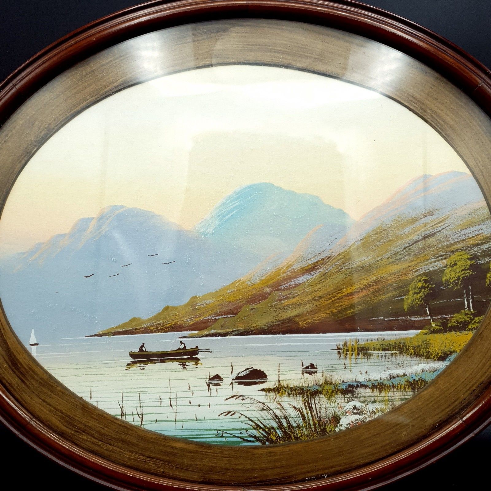 Watercolour Oval Antique? Vintage Mountain Lake & Boat Scene L40cm H32.3cm photo furniture