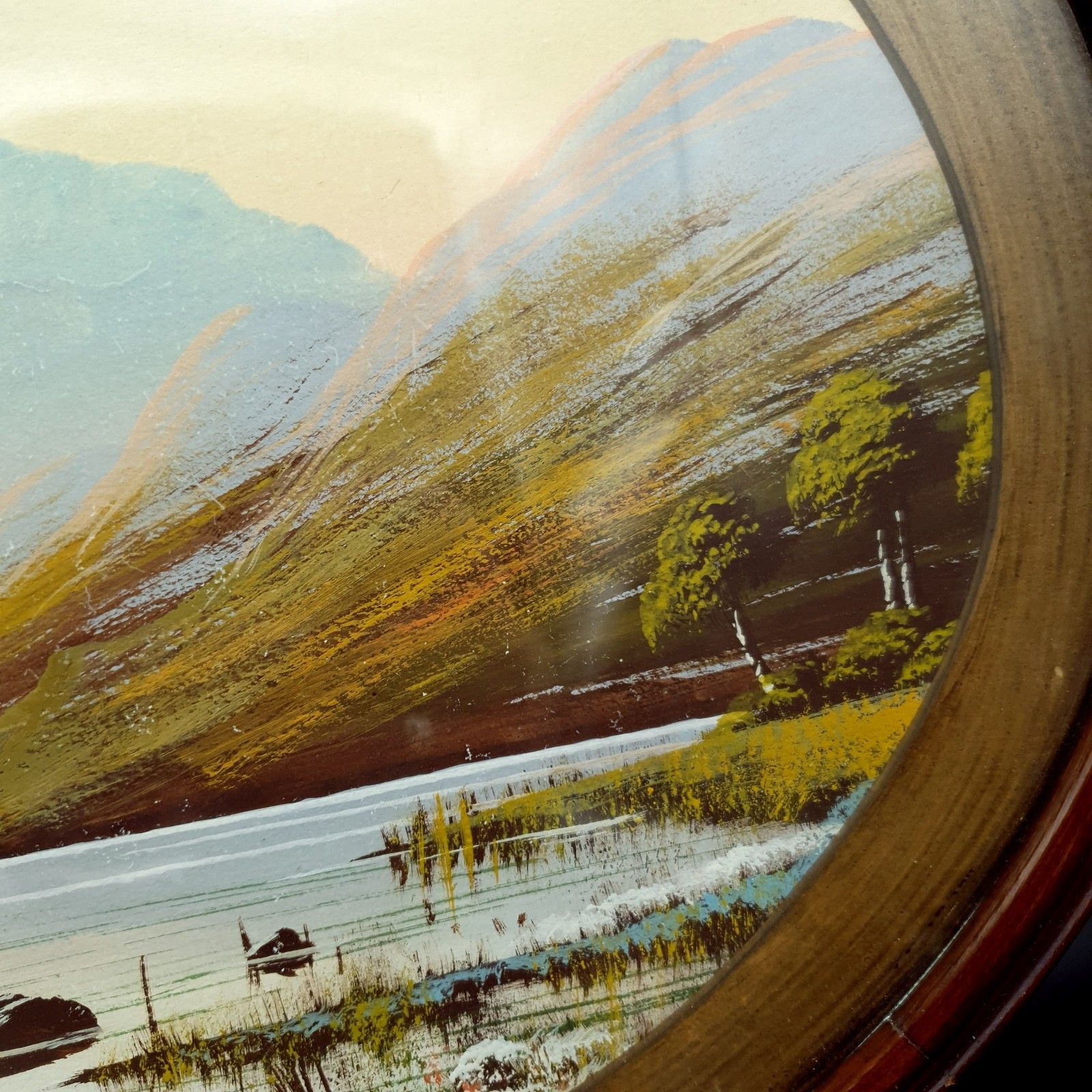 Watercolour Oval Antique? Vintage Mountain Lake & Boat Scene L40cm H32.3cm photo vintage