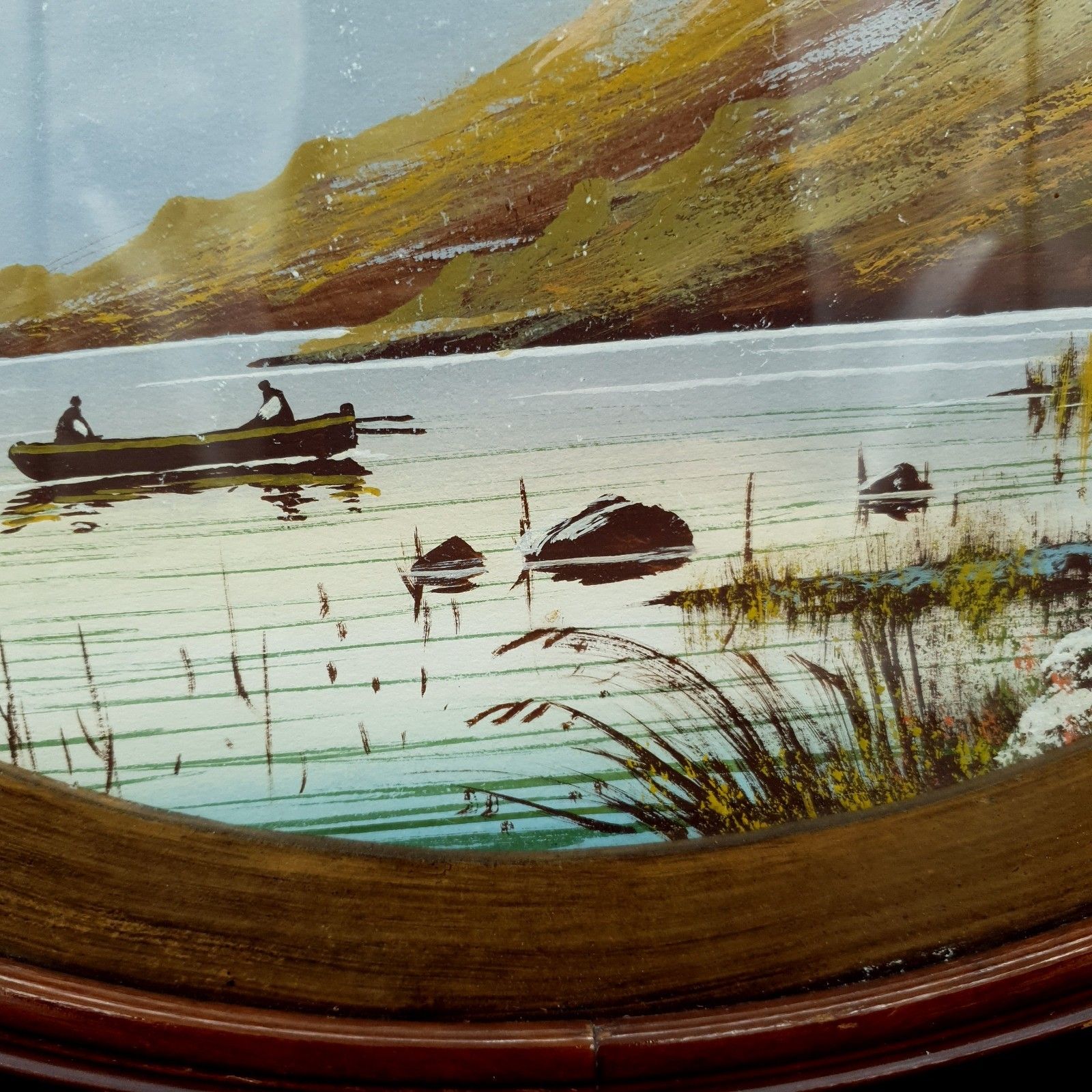 photo furniture Watercolour Oval Antique? Vintage Mountain Lake & Boat Scene L40cm H32.3cm