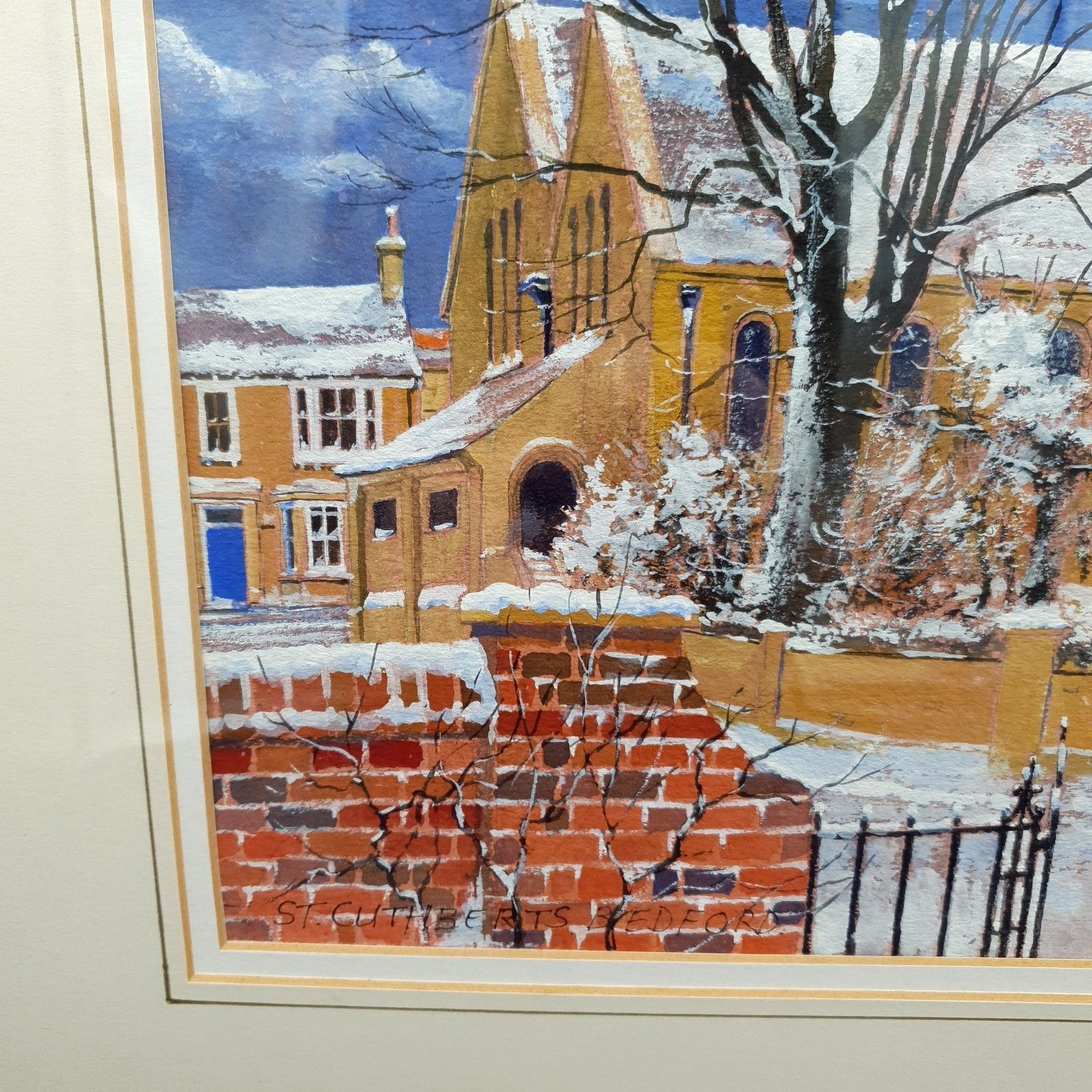 Rob Maddams Signed Watercolour St Cuthberts Church Bedford Winter Scene 52x42.5c photo vinterior