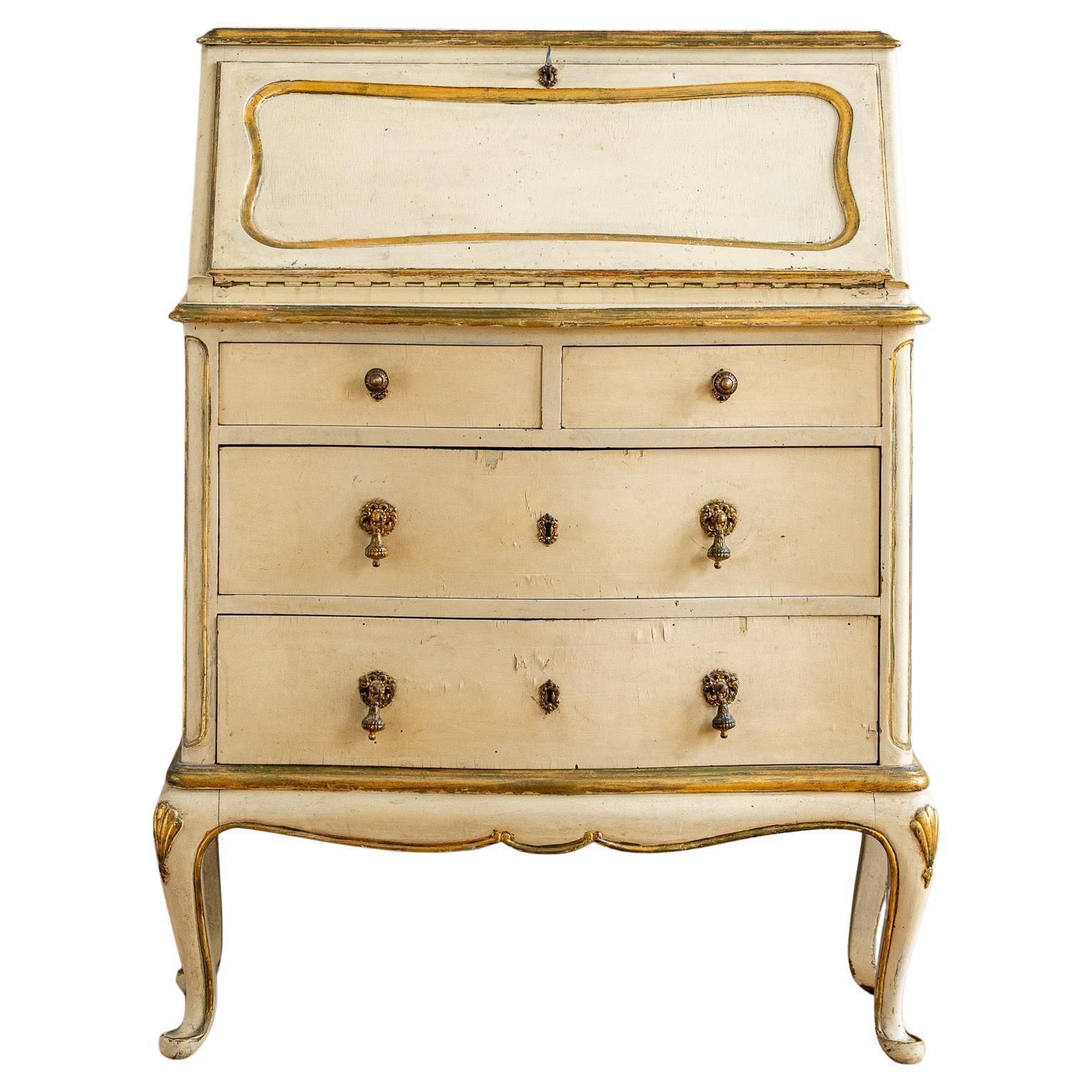 Small Antique Italian Drop Front Scriban Desk In Original Paint And Gilt Accents