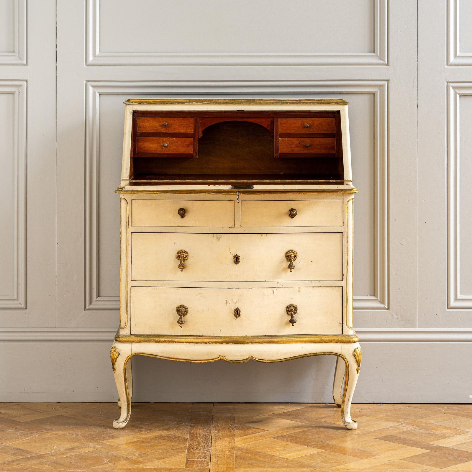 Small Antique Italian Drop Front Scriban Desk In Original Paint And Gilt Accents photo for sale
