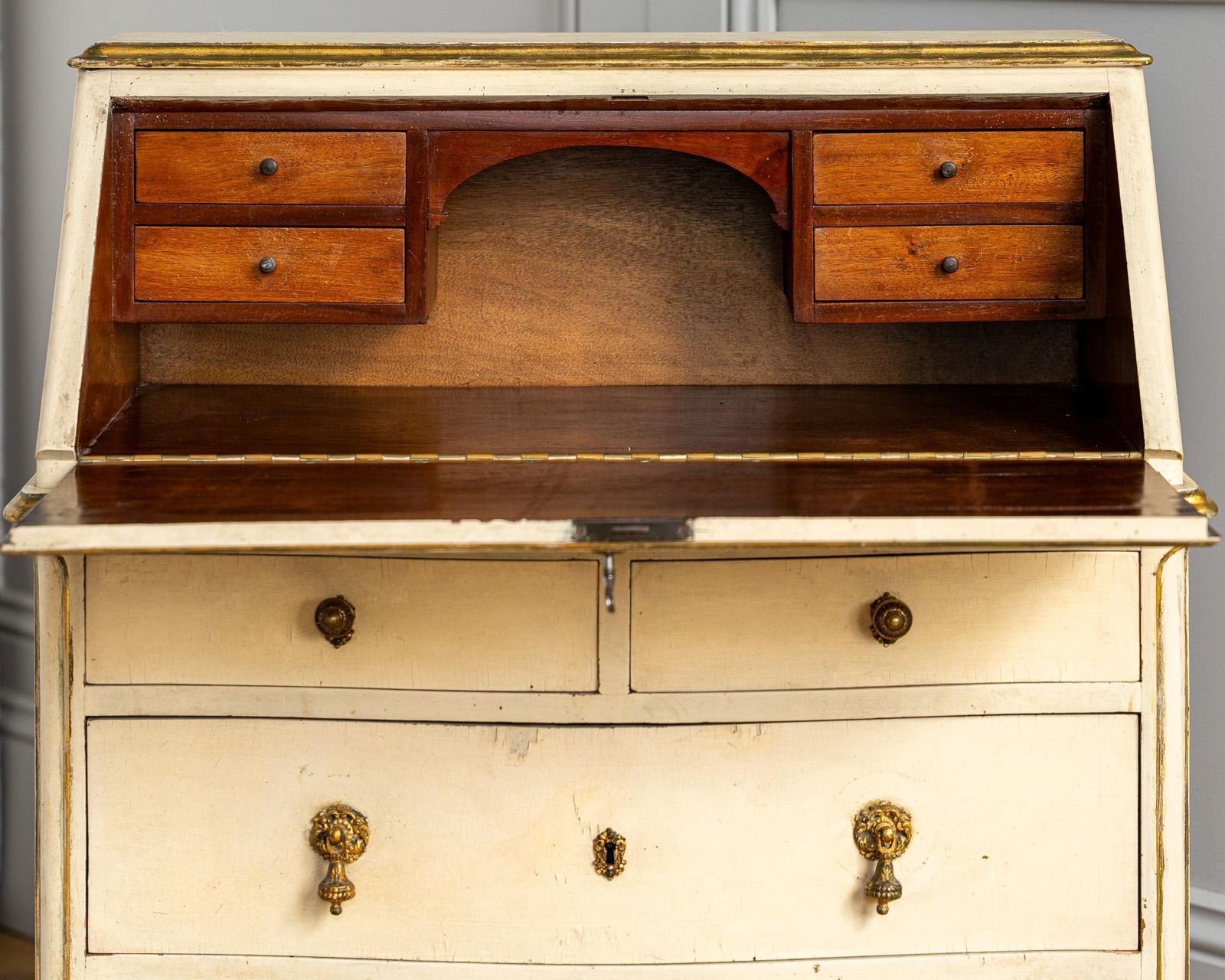 Small Antique Italian Drop Front Scriban Desk In Original Paint And Gilt Accents photo buy