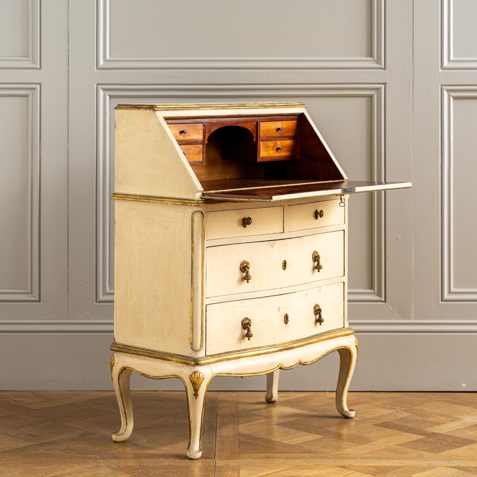 photo for sale Small Antique Italian Drop Front Scriban Desk In Original Paint And Gilt Accents
