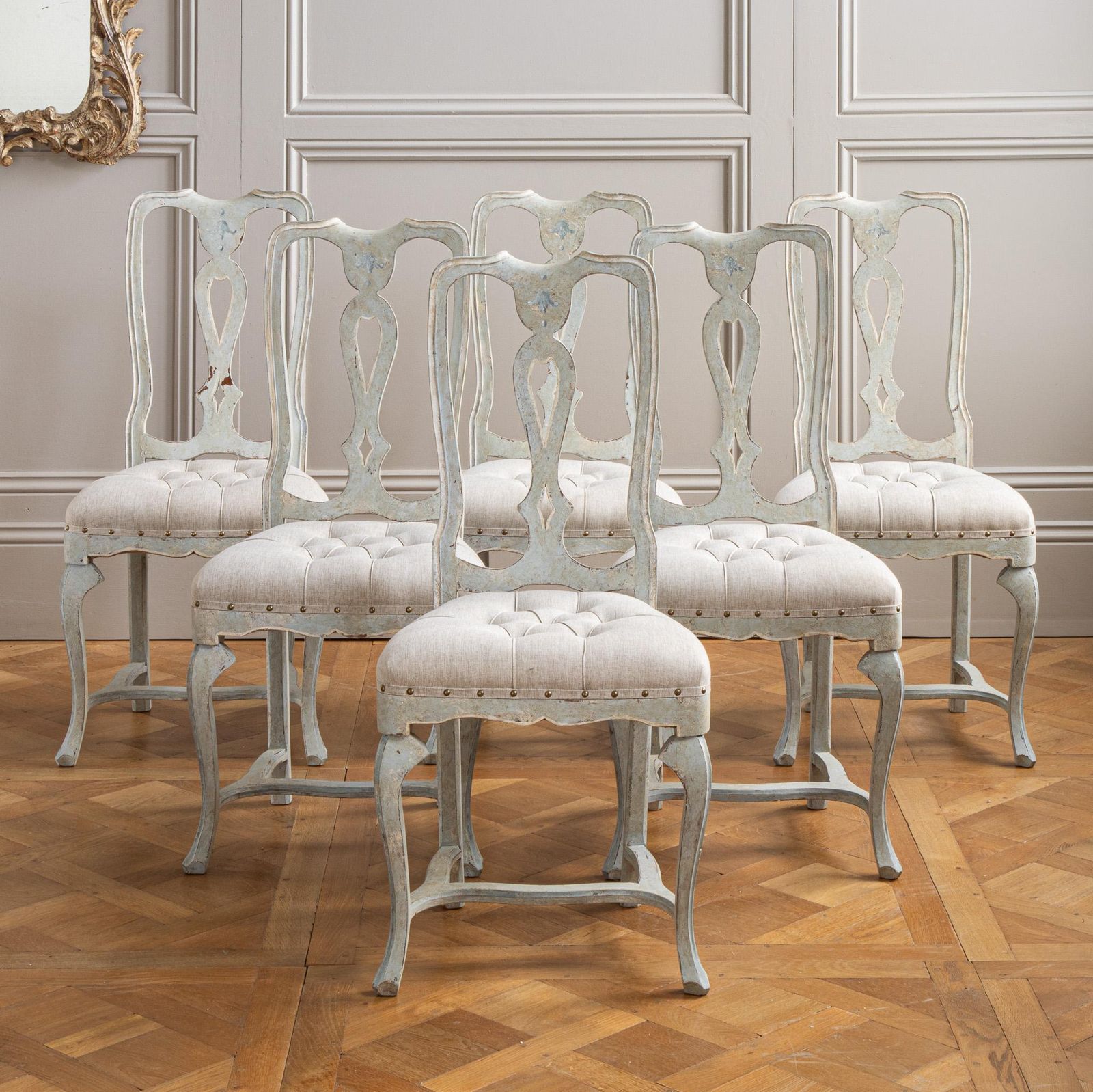 Set Of 6 Early 20th C. Italian Dining Chairs With Pale Grey Blue Painted Patina photo furniture