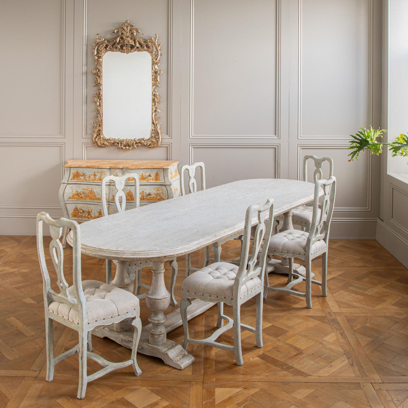 Set Of 6 Early 20th C. Italian Dining Chairs With Pale Grey Blue Painted Patina photo for sale