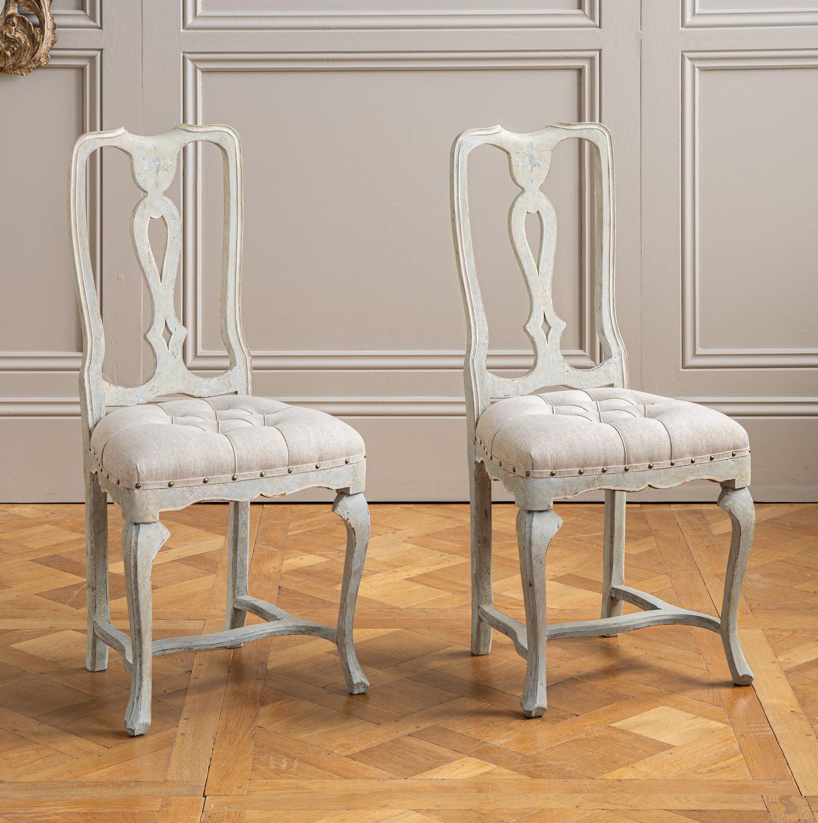 Set Of 6 Early 20th C. Italian Dining Chairs With Pale Grey Blue Painted Patina photo Furniture