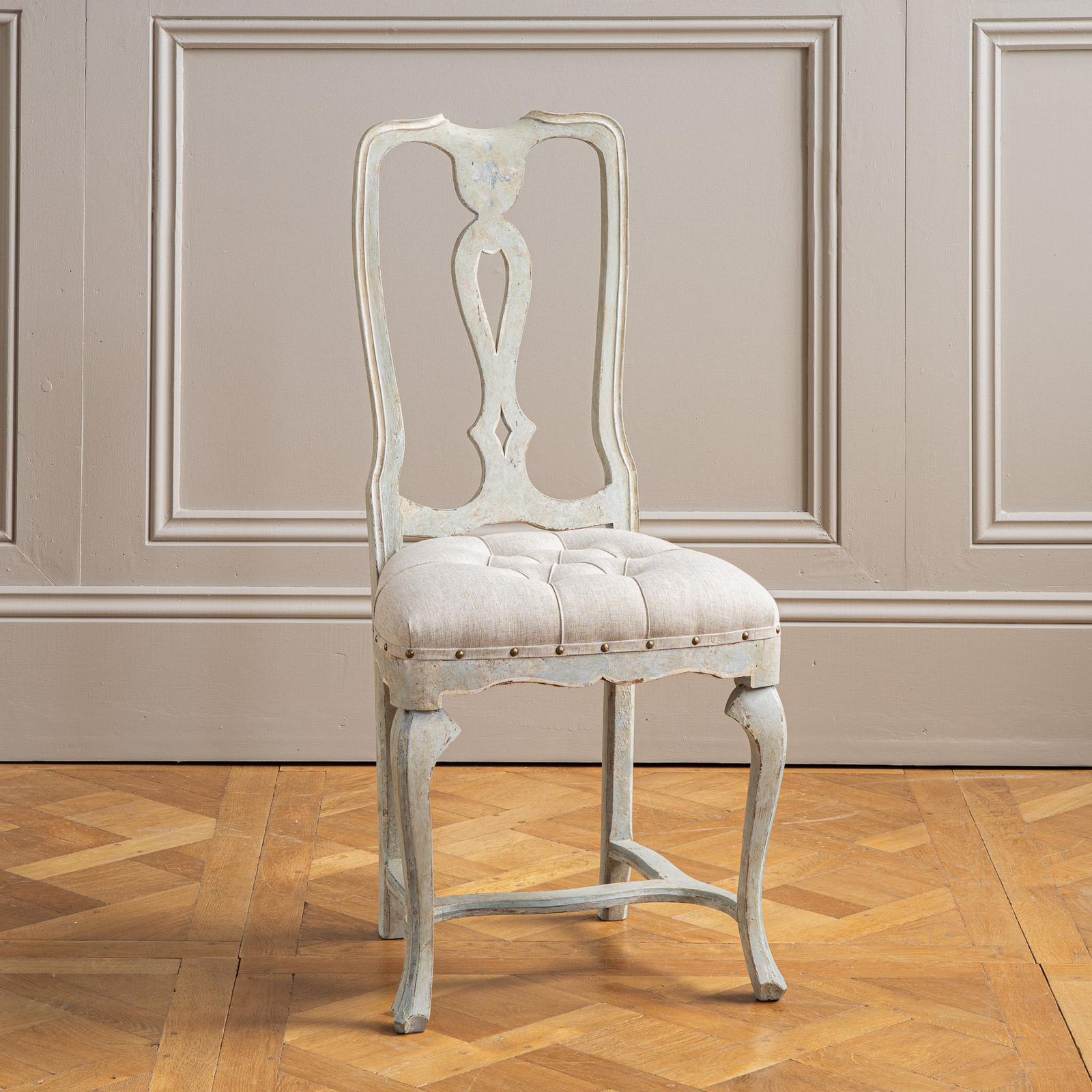 Set Of 6 Early 20th C. Italian Dining Chairs With Pale Grey Blue Painted Patina photo buy