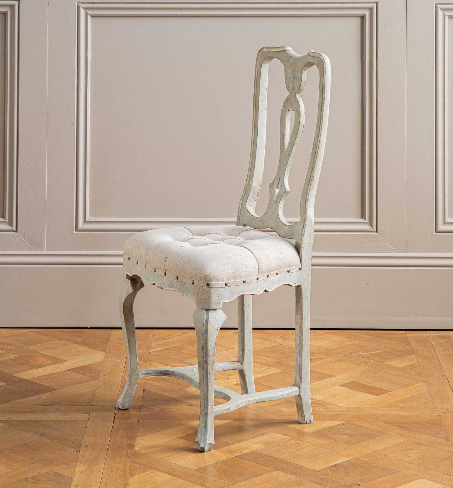Set Of 6 Early 20th C. Italian Dining Chairs With Pale Grey Blue Painted Patina photo vintage