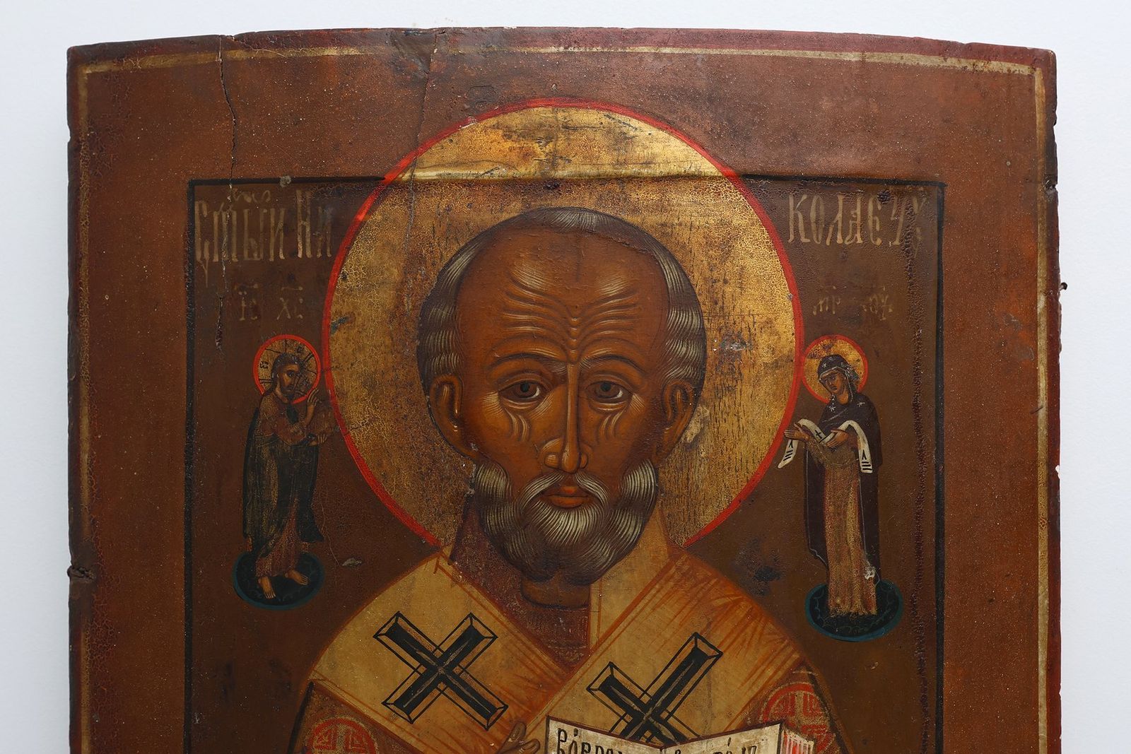 Religious Icon Of Saint Nicholas The Wonderworker, 19th Century, Paint & Gilt On Wood photo for sale