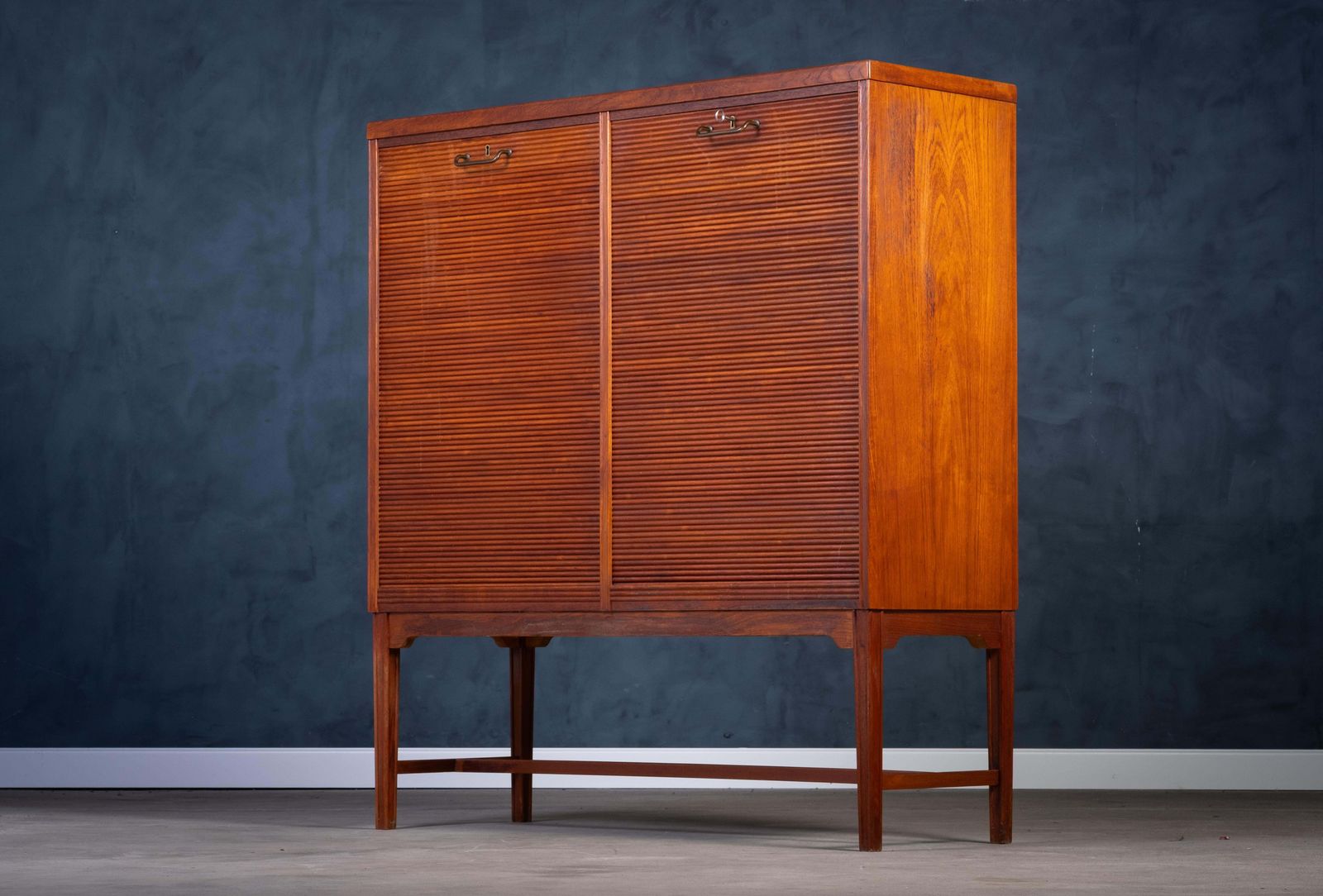 Teak Tambour Cabinet With Brass Handle, Danish Design, 1960s photo for sale