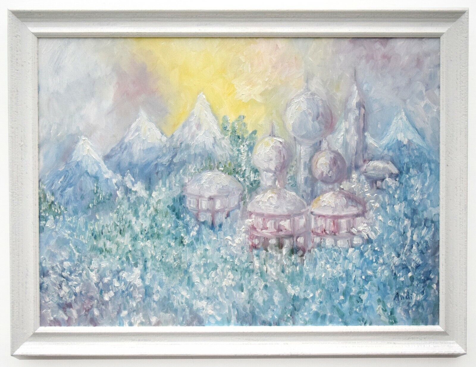 Fantasy Palace Snow Mountains Landscape Framed Original Oil Painting Andi Lucas