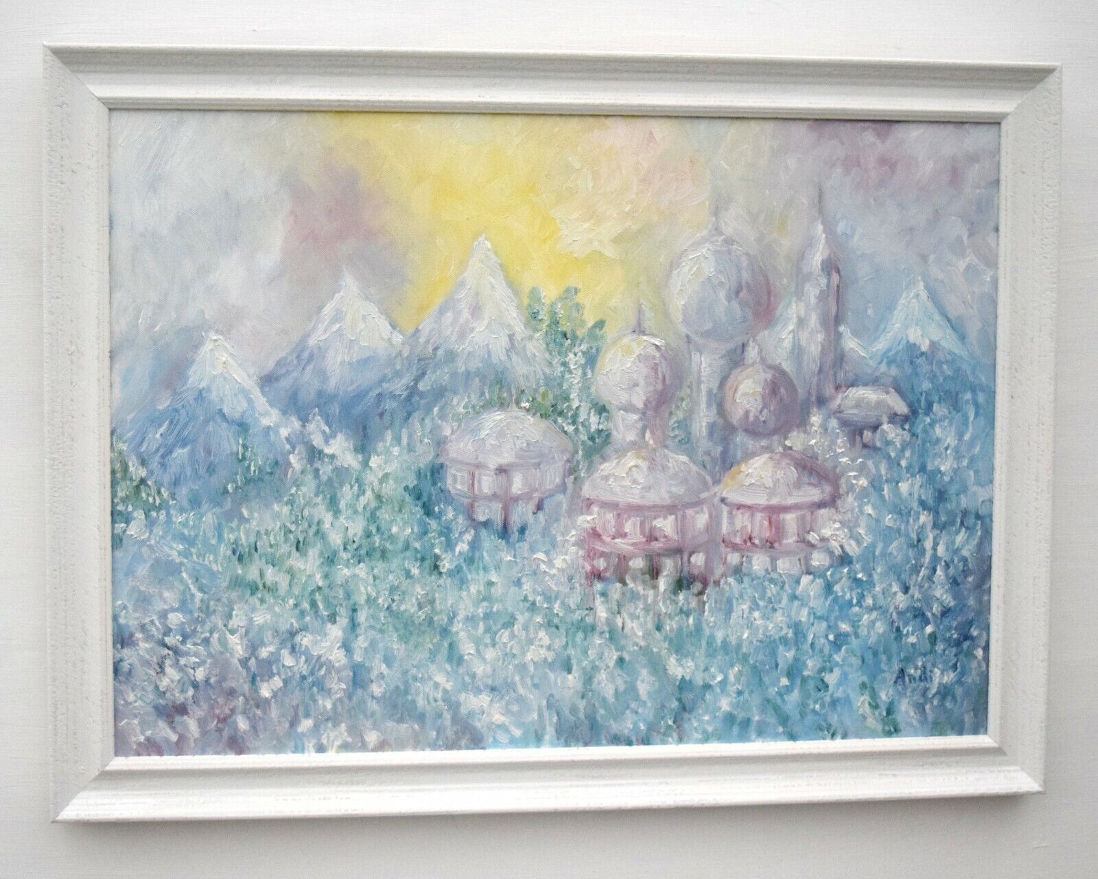 Fantasy Palace Snow Mountains Landscape Framed Original Oil Painting Andi Lucas photo for sale