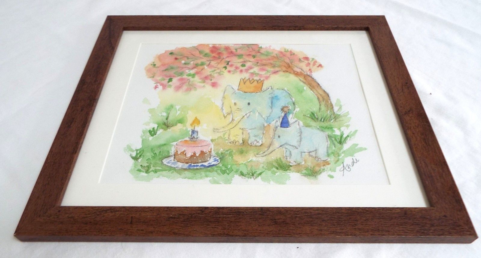 Birthday Elephant Illustration Framed Original Watercolour Painting Andi Lucas photo furniture
