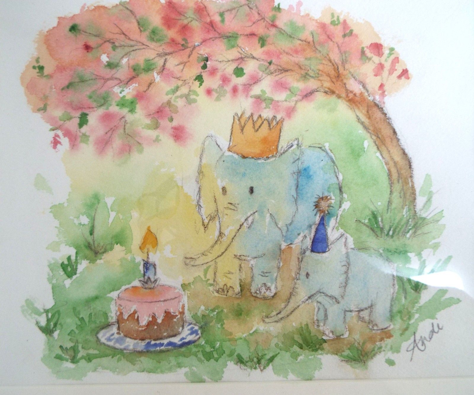 Birthday Elephant Illustration Framed Original Watercolour Painting Andi Lucas photo for sale