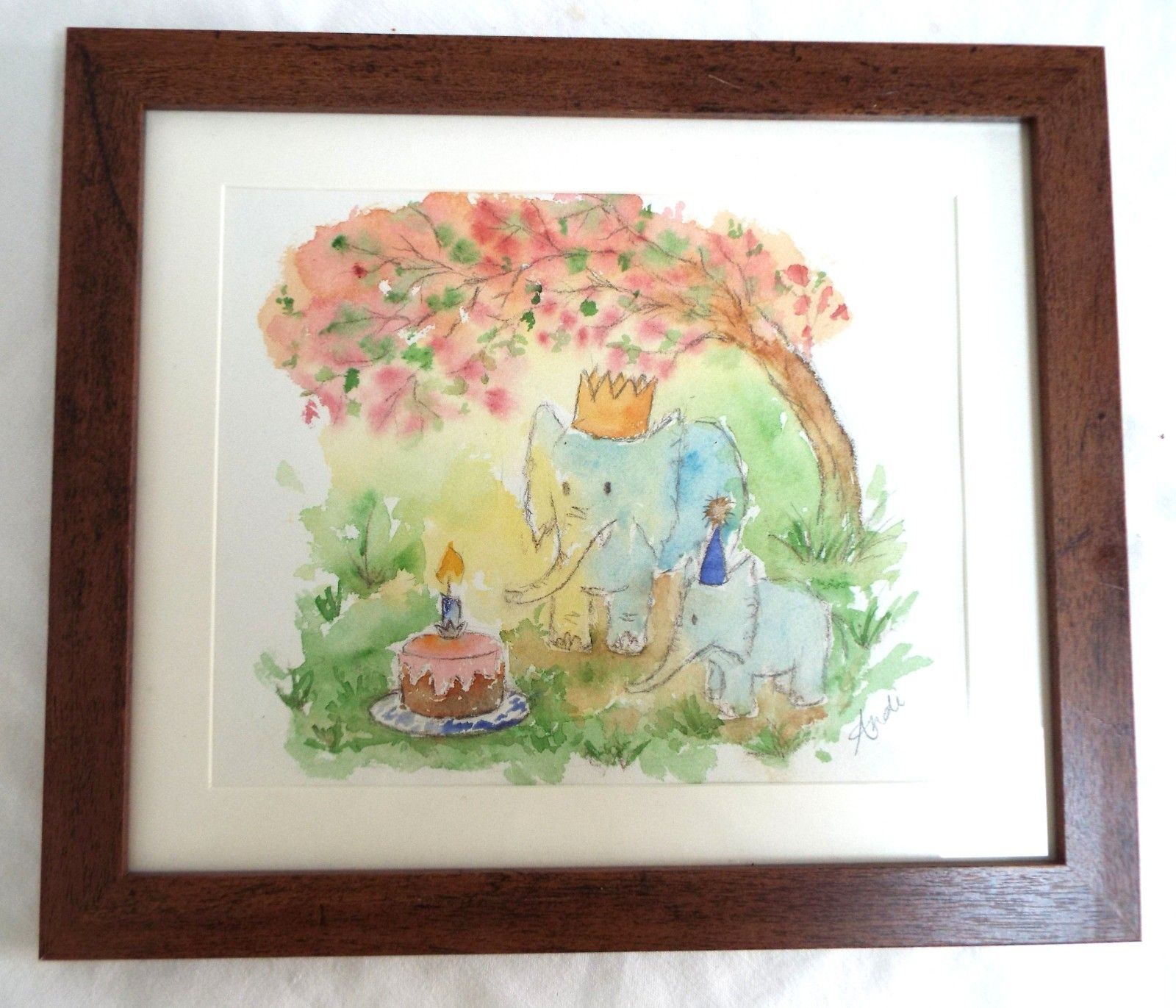Birthday Elephant Illustration Framed Original Watercolour Painting Andi Lucas photo 73.0
