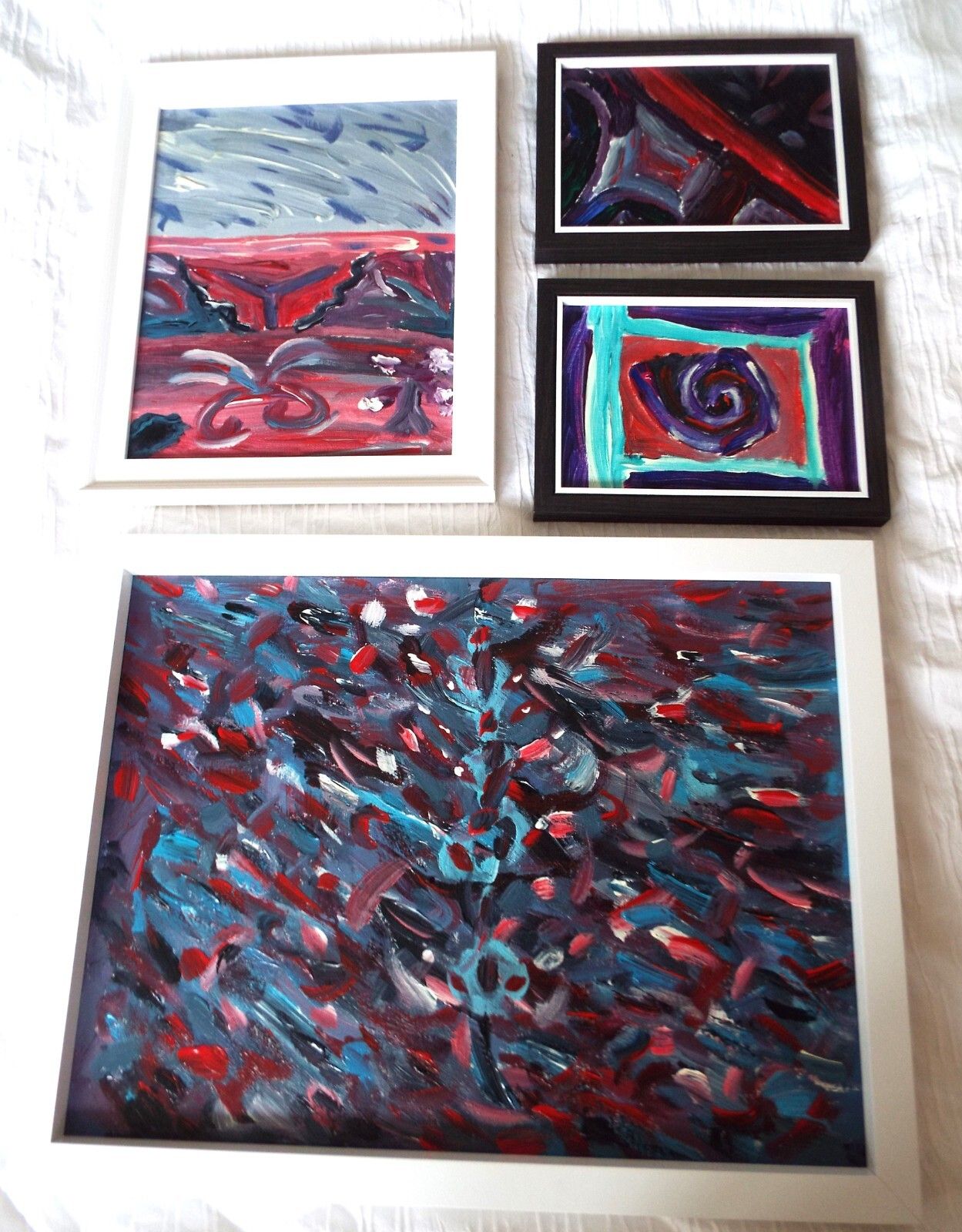 Set Of 4 New Original Abstract Framed Paintings Red Purple Blue Fraser Lucas photo buy