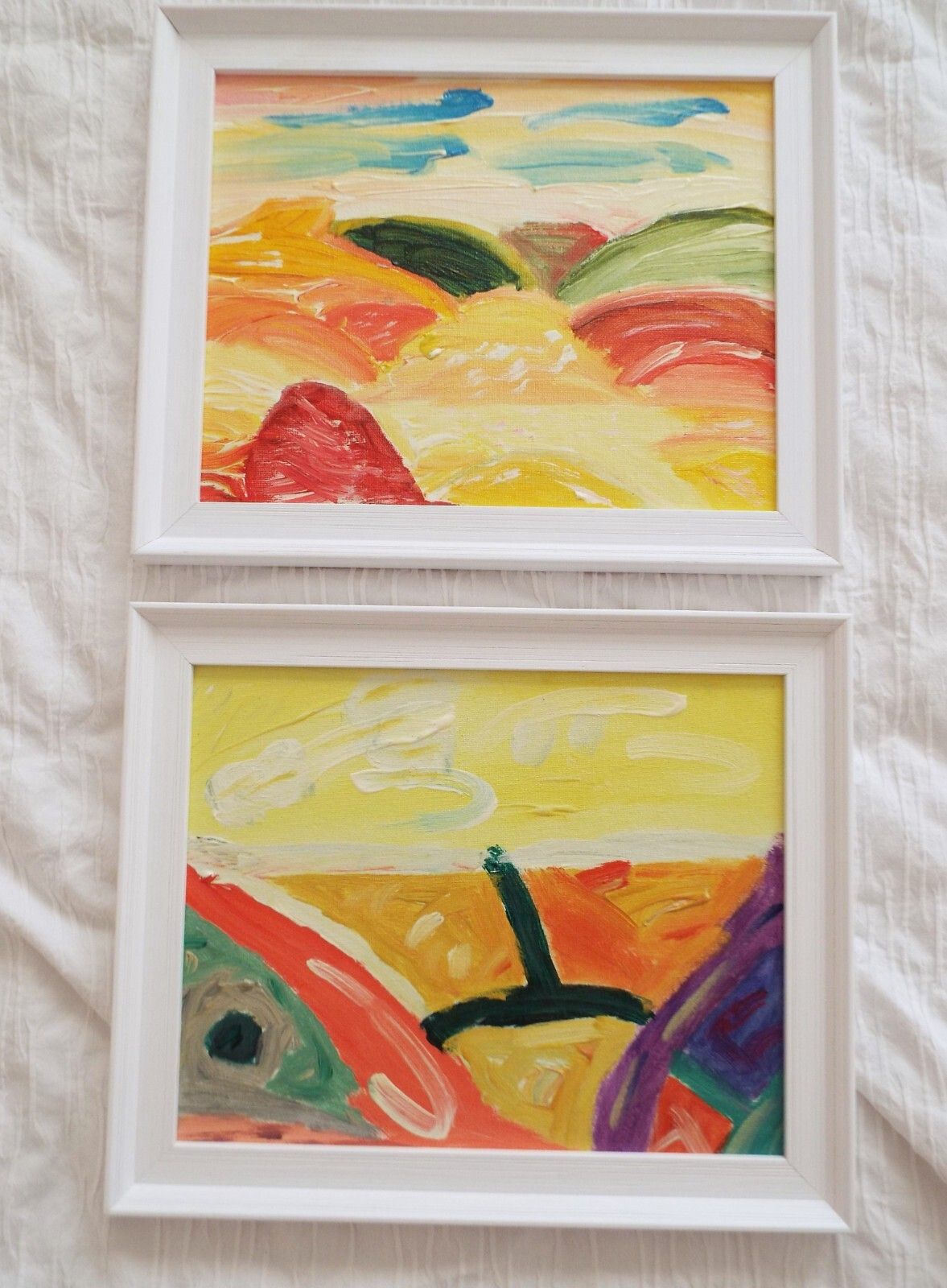 Pair Of New Original Abstract Yellow Landscape Framed Paintings Fraser Lucas