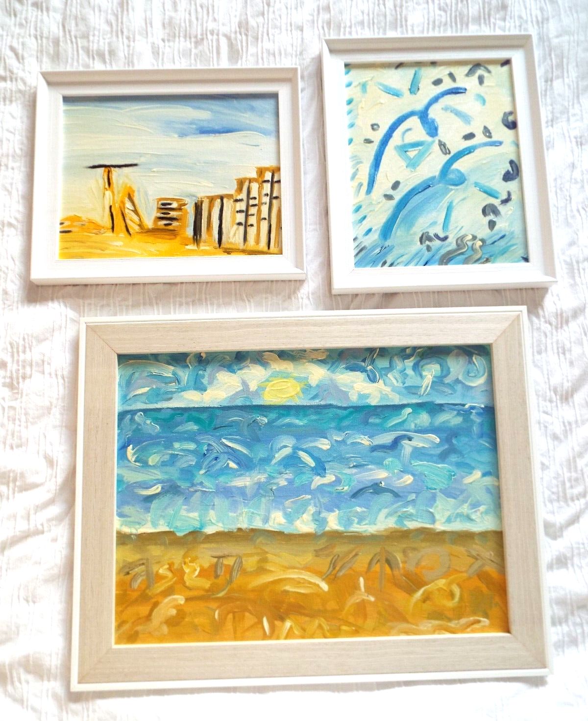Set Of 3 New Original Abstract Framed Painting Coastal Beach Theme Fraser Lucas photo vintage
