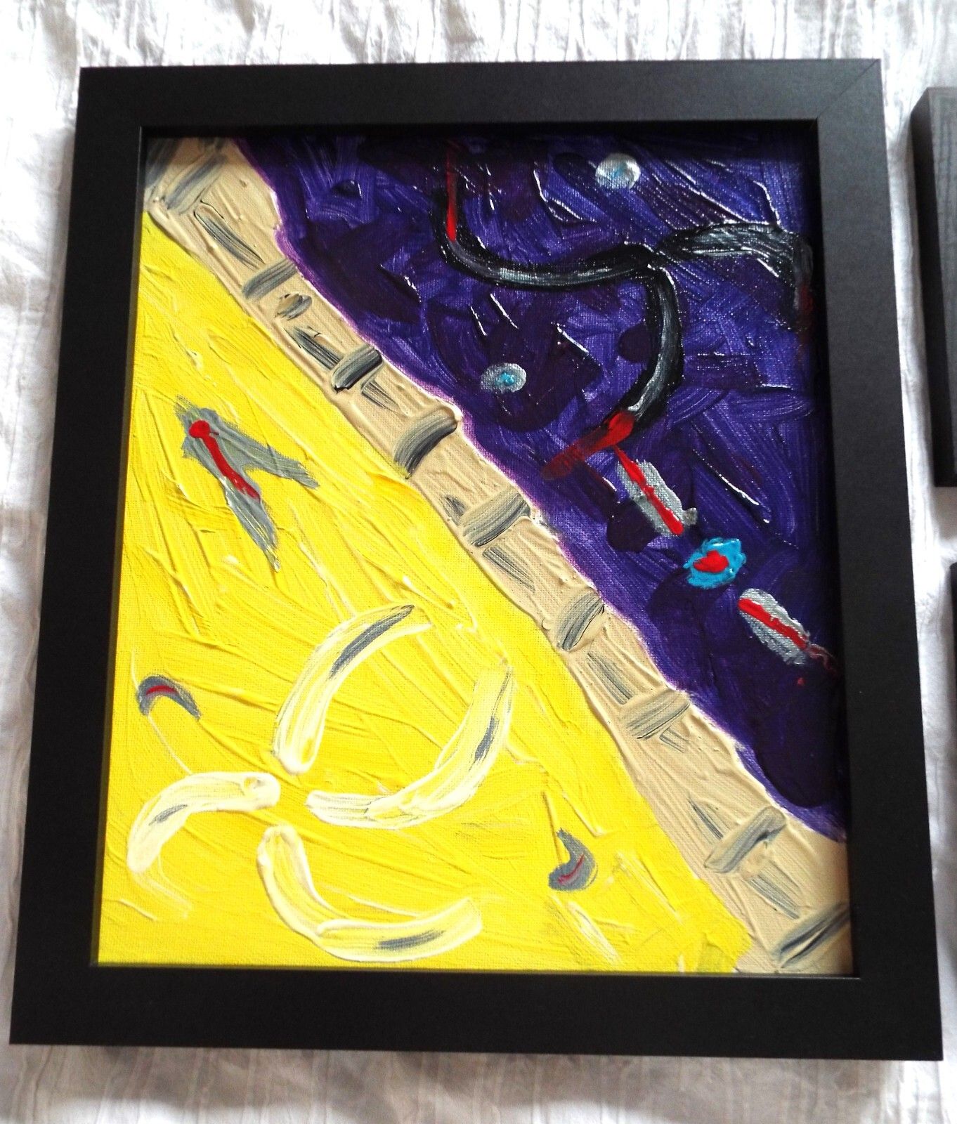 Set Of 3 New Original Abstract Framed Paintings Purple Yellow Red Fraser Lucas photo furniture