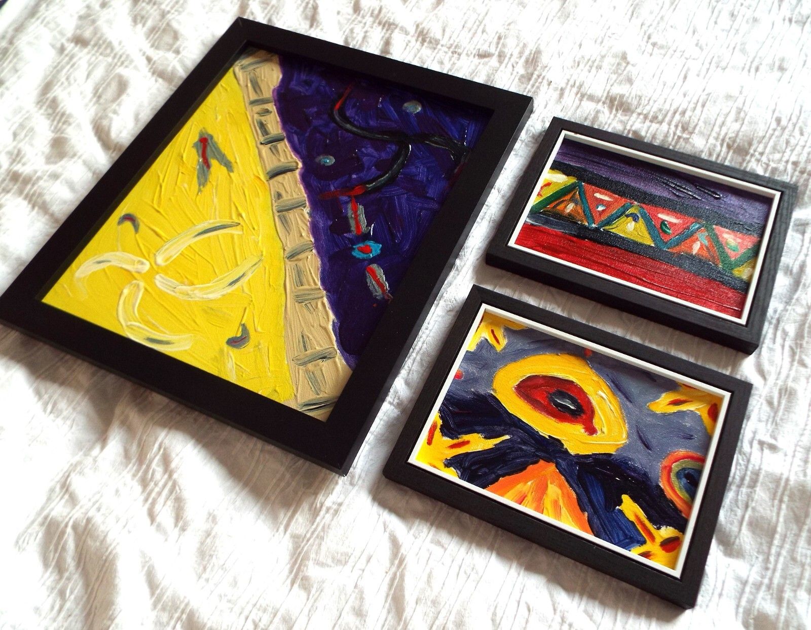 Set Of 3 New Original Abstract Framed Paintings Purple Yellow Red Fraser Lucas photo 110.0