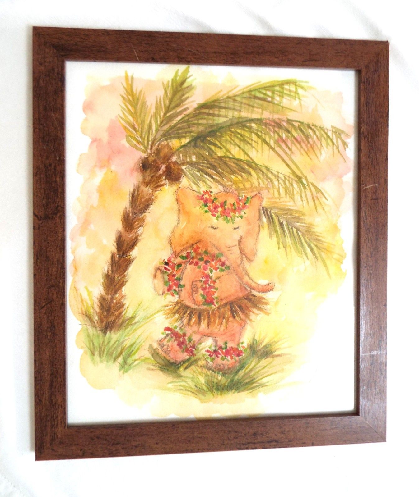 Hawaiian Hula Elephant Illustration Cute Original Watercolor Painting Andi Lucaa