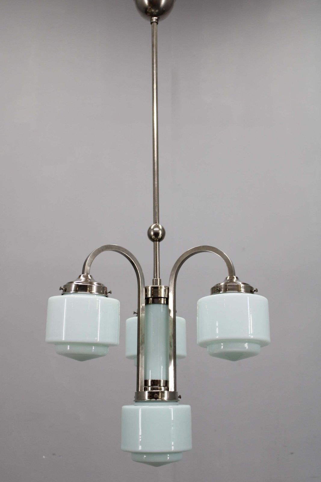 Art Deco Nickel Chandelier With Cylindrical Light Opaline Shades, Czechoslovakia photo furniture
