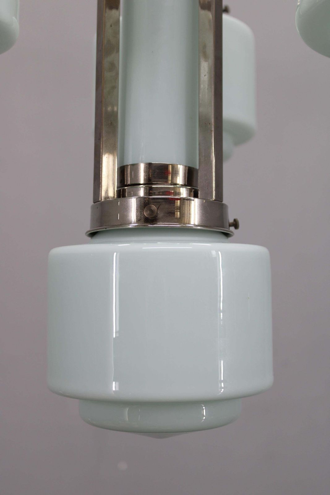 Art Deco Nickel Chandelier With Cylindrical Light Opaline Shades, Czechoslovakia photo 945.0