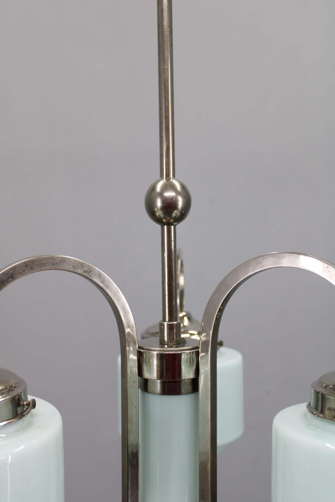 Art Deco Nickel Chandelier With Cylindrical Light Opaline Shades, Czechoslovakia photo vinterior