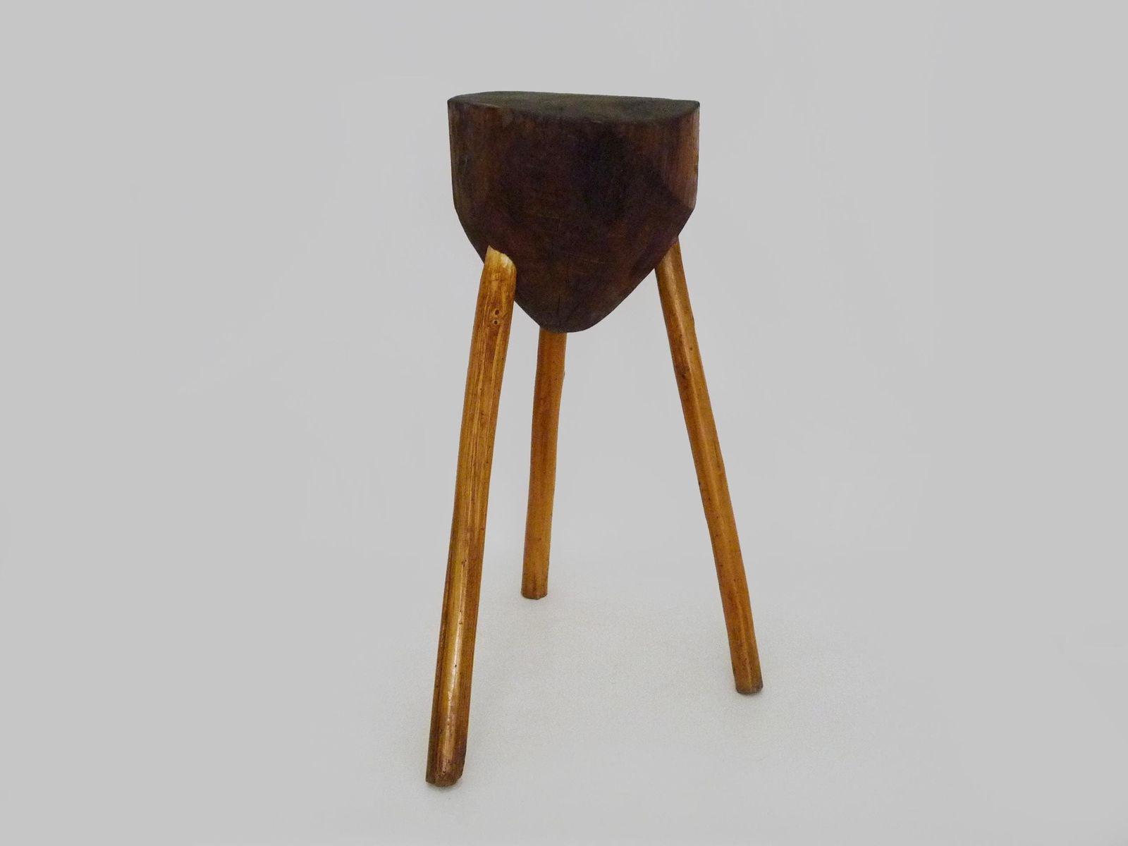 Antique Tripod Oak Butcher's Block, Side Table, Stool. Folk Art