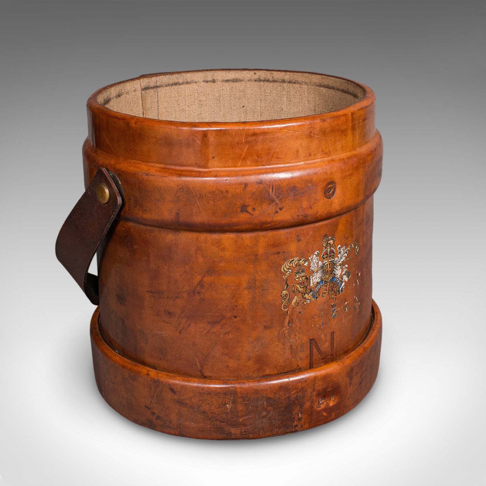 Vintage Drawing Room Waste Paper Basket, English, Leather Study Bin, Mid Century photo furniture