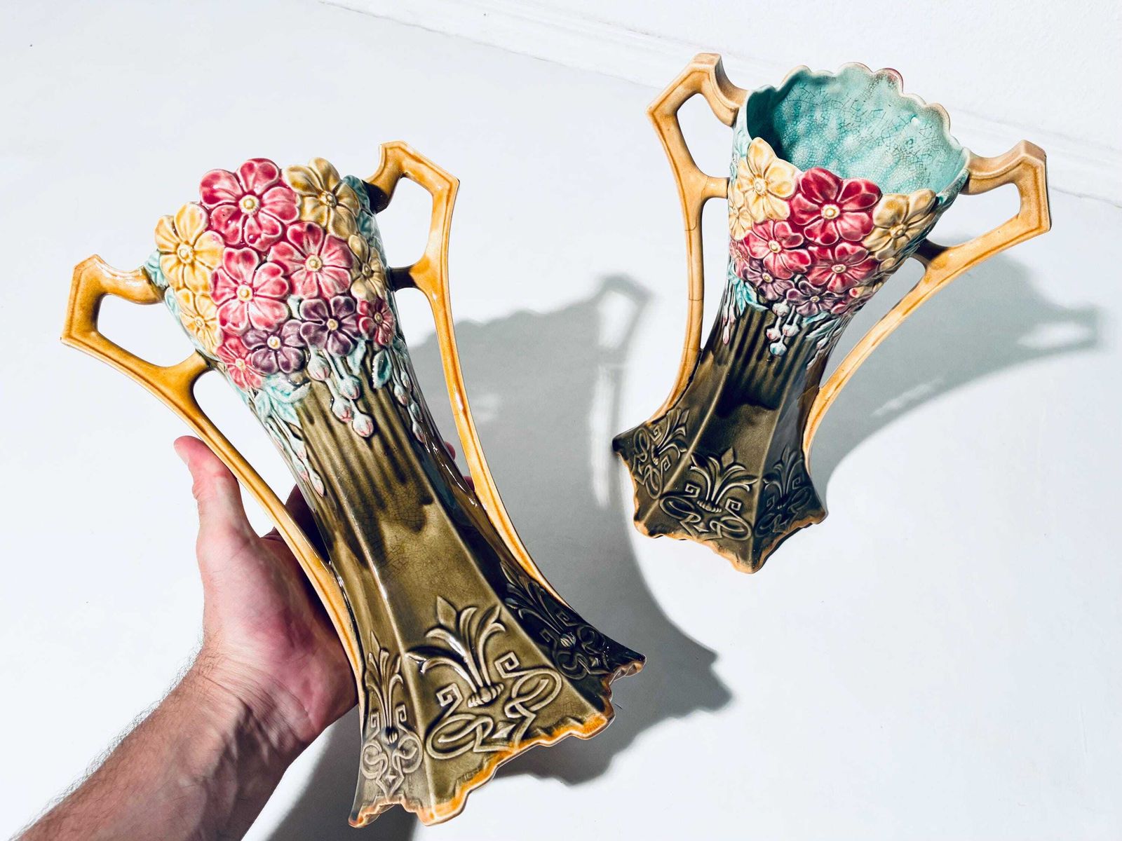 photo furniture Two Art Nouveau Frie Onnaing Pansy Floral Motif Ceramic Vases / 1900s French Majolica / 785